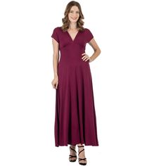 A formal look has never been so comfortable. With its regal full-length skirt this womens maxi dress makes for an elegant formal or casual look. Featuring a v-neck line and v cut on the back, cap sleeves, flared a line skirt, defined empire waist, and is made from a soft and comfortable stretch material in four beautiful year round colors and it is machine washable for easy care. The perfect dress to keep in your closet for any special occasions or just an eye-catching date night look. Made in t Chic V-neck Floor-length Dress For Formal Events, Chic Floor-length V-neck Dress For Formal Occasions, Chic Formal Floor-length V-neck Dress, Elegant Solid Color Empire Waist Maxi Dress, Elegant Solid Empire Waist Maxi Dress, Formal Solid V-neck Dress With Surplice Neckline, Formal V-neck Dress With Surplice Neckline, Fitted V-neck Maxi Dress For Formal Occasions, Formal Fitted Maxi V-neck Dress