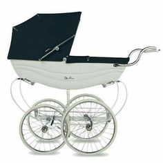 a white and blue baby carriage with wheels