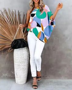 Lasaky - Color Block Geometric Print Asymmetric Top Chic Multicolor Tops With Geometric Pattern, Chic Green Tops With Abstract Print, Trendy Multicolor Geometric Pattern Blouse, Modern Abstract Print Tops For Spring, Chic Multicolor One-shoulder Top, Modern Tops With Geometric Pattern For Spring, White Blouse With Geometric Pattern For Spring, Chic One-shoulder Multicolor Top, Modern One-shoulder Summer Blouse