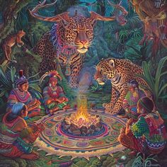 a painting of people around a fire in the jungle with two leopards on it