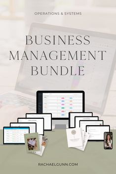 the business management bundle is shown on top of a desk with laptops and papers