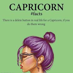 a woman with purple hair and glasses on her face is featured in the caption for capricorn fact