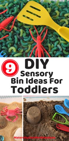 some toys are sitting in the sand and on top of each other with text overlay that says diy bin ideas for toddlers