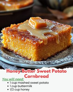 a piece of honey butter sweet potato cornbread on a plate with the recipe below