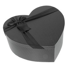 a heart shaped box with a bow on the top and bottom, in grey color