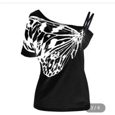 Off Shoulder...Lot Buy As Is Casual Black Tops With Butterfly Print, Casual Black Top With Butterfly Print, Black Tops With Butterfly Print For Spring, Black Printed Summer Tops, Fitted Black Top With Butterfly Print, Ladies T Shirts, Women Tees, Harajuku Outfits, Ruffles Fashion