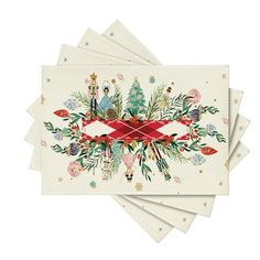 six christmas cards with holly and pine trees on them, all in white envelopes