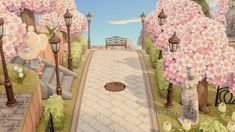 a painting of a park with trees and flowers on the ground, along with benches and lamps