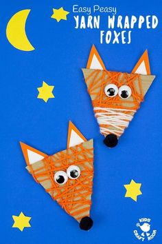 two paper foxes with googly eyes are on a blue background and the words easy peasy jahn wrapped fox