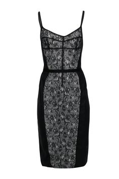 Current Boutique-Dolce & Gabbana - Black & Beige Lace Middle Sleeveless Fitted Dress Sz 10 Elegant Fitted Lace Dress With Lined Bodice, Elegant Lace Dress With Lined Bodice, Formal Dresses With Spaghetti Straps And Lace Trim, Formal Spaghetti Strap Dress With Lace Trim, Formal Sleeveless Midi Dress With Boned Bodice, Contrast Lace Midi Dress For Evening, Fitted Lace Bodice Dress For Date Night, Sleeveless Midi Dress With Lace Bodice, Formal Spaghetti Strap Dress With Contrast Lace