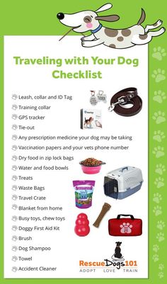 a poster with the words traveling with your dog checklist