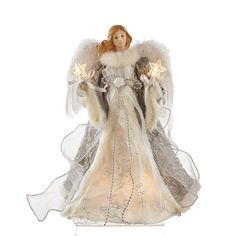 an angel figurine with white wings and lights