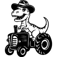 a black and white drawing of a dinosaur riding on a toy tractor with a driver