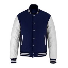 Classic Varsity Jackets - bomber jacket - customize varsity jacket White Outerwear With Contrast Color For College, White Varsity Outerwear With Contrast Color, Winter Varsity Outerwear With Contrast Trim, Varsity Outerwear With Contrast Trim For Winter, Classic Blue Long Sleeve Varsity Jacket, Classic Navy Varsity Jacket With Ribbed Cuffs, Classic Navy Outerwear For College, Classic White Outerwear With Contrast Trim, Classic Navy Varsity Jacket For College