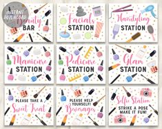 four different station cards with makeup and nail polishes on them, one is for manicure