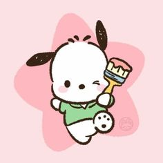 a drawing of a little bunny holding a brush in it's right hand and wearing a green shirt