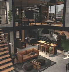 a living room filled with furniture and lots of windows next to a staircase leading up to a second floor