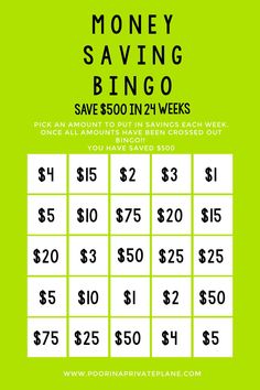 a green and white flyer with the words, money saving bingo $ 500 in 2 weeks