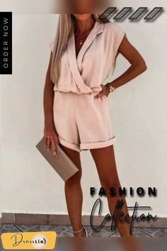 Summer Elegant Lapel Short Sleeves Jumpsuit Ladies Fashion V-neck Crossover Design Office Playsuits Casual Solid Loose Rompers Vacation Summer V-neck Jumpsuits And Rompers, Summer Cotton V-neck Jumpsuits And Rompers, Feminine V-neck Summer Jumpsuits And Rompers, Casual Ruffled V-neck Jumpsuits And Rompers, Summer Printed V-neck Jumpsuits And Rompers, Playsuit Pattern, Wrap Playsuit, Loose Romper, Size 10 Models