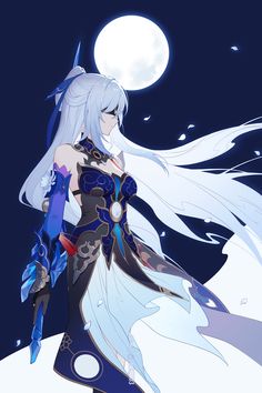 an anime character with white hair and blue eyes standing in front of a full moon