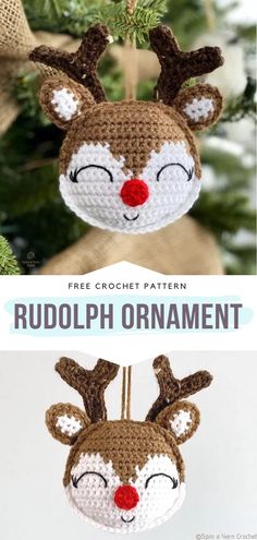 crocheted reindeer ornament hanging from a christmas tree with text overlay that says free crochet pattern rudolph ornament