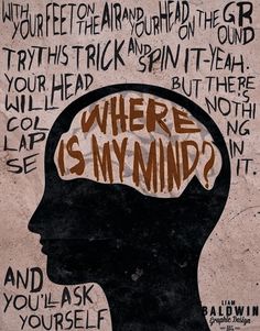 a poster with words written on it and a person's head in the center