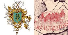 an old and new drawing next to the same one in color, each with a coat of arms on it