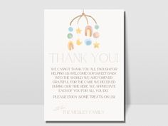 a card with the words, thank you and an image of a baby's crib