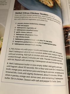 the recipe book is open to show an image of chicken tenders in a bowl