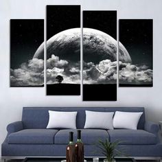 a living room scene with the moon in the sky and some clouds on the ground