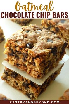 oatmeal chocolate chip bars stacked on top of each other with text overlay