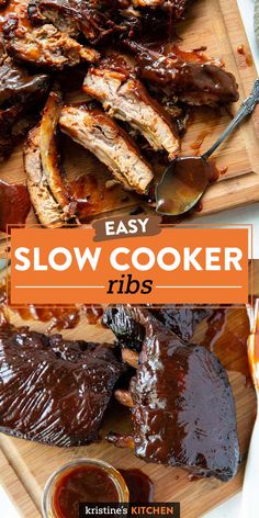 easy slow cooker ribs on a cutting board with bbq sauce