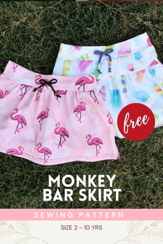 two girls'shorts with pink flamingos on them and the text free monkey bar skirt sewing pattern