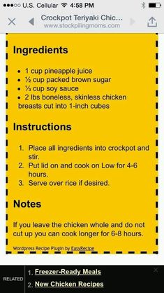 the instructions for how to cook chicken in an iphone phone screen shot, with text below