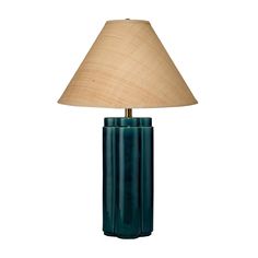 a green table lamp with a beige shade on the base and a wooden light bulb