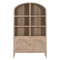 an open bookcase with wicker doors on the front and bottom shelves, in light wood