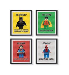 four framed legos with the words be yourself, be strong, be brave and be superhero