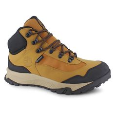 a pair of yellow and black hiking boots on a white background with no shoes to wear