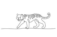 a black and white drawing of a tiger walking on the ground with its mouth open