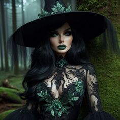 a woman with long black hair and green makeup wearing a witch costume in the woods