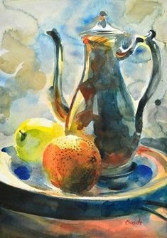 a painting of a tea pot and fruit on a plate