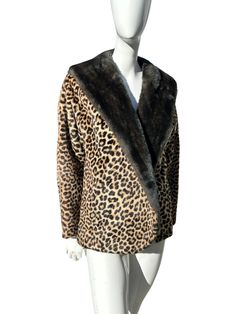 "In very good condition, the liking is faded or aged, a common problem from this era  very glam short coat with a faux fur collar  acetate lining  A shape  size M to L  no shoulder seams  no closure  with pockets   measures  17-18\" across the shoulders,  22\" from pit to pit 24\" across the waist  is 24\" long sleeves are 22\" long" Vegas New Years, Dream Wishlist, Leopard Jacket, 60s Mod, Pink Leopard Print, Faux Fur Collar, Short Coat, Fashion Shop, Vintage 60s