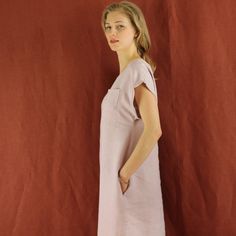 "Spring dress, Write the selected color in the message Handmade rose dress with short sleeves and 2 pockets , perfect for casual wear and suitable for any occasion in any season Details: - 100% natural linen produced in Europe ; - medium weight (180 gram per square meter); - color: rose, could be any from our colors catalog (color samples at the photo); Made to order, approximately a few days, If you have any questions please message me and I will be glad to answer. Size guide : Size XS Bust: fi Pink Linen Summer Dress For Daywear, V-neck Linen Dress With Pockets, Pink Linen Dress For Summer Daywear, Pink Relaxed Fit Linen Dress For Summer, Pink Relaxed Fit Linen Summer Dress, Pink Cotton Dress With Pockets, Feminine Pink Linen Summer Dress, Pink Linen Dress With Short Sleeves, Pink Short Sleeve Linen Dress