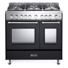 an oven with four burners and two doors