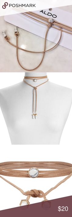 Tan/Nude Bolo Tie Choker with Marble Details Delicate, layered, and on-trend. It can be worn with everything from dresses to silky tees! This tan suede cord with marble accents can be worn many different ways! Aldo Jewelry Necklaces Envelope Skirt, Tie Choker, Aldo Jewelry, Marble Detail, Suede Cord, White Off Shoulder, Bolo Tie, Tan Suede, Costume Ideas