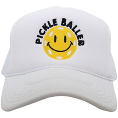 Check out this adorable Pickle Baller Trucker Hat! This foam trucker hat is sure to make you stand out on the court, and the snap adjustment means it will always fit just right. Plus, who can resist that cute pickle ball and smiley face design? 65% cotton, 35% polyester machine wash delicate or hand wash one size fits most adjustable back mesh netting snapback closure Are you looking for wholesale hats online? Look no further than Katydid Wholesale! We offer an extensive selection of wholesale h Adjustable Novelty Sports Hats, Funny White Adjustable Baseball Cap, Playful Adjustable Trucker Hat With Curved Brim, Adjustable Playful Trucker Hat With Curved Brim, Funny White Baseball Cap Trucker Hat, Funny White Trucker Hat Baseball Cap, Adjustable Baseball Cap With Smiley Face, Novelty Adjustable Trucker Hat With Flat Bill, Fun Adjustable Baseball Cap For Streetwear