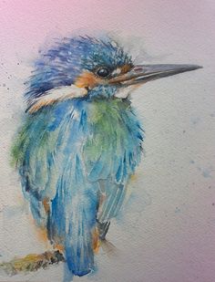 a watercolor painting of a blue and green bird