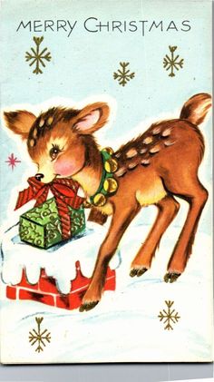 an old fashioned christmas card with a little deer holding a present in it's mouth