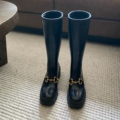 Purchased Last Year Light Wear Super Sturdy And Comfortable Rainboot. Very Fashionable Too! These Boots Always Garner Some Compliments! Gucci Size 39 Black Boots With Horsebit Detail And Round Toe, Gucci Round Toe Boots For Workwear, Gucci Boots For Workwear, Designer Black Boots With Horsebit Detail, Designer Gucci Boots For Work, Chic Black Gucci Boots, Chic Gucci Boots With Horsebit Detail, Gucci Boots For Work, Shoes Gucci