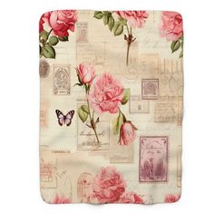 pink roses and butterflies on white background with postage stamp print fleece blanket, 50x50 inches